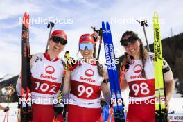22.03.2024, Ulrichen, Switzerland (SUI): Lydia Hiernickel (SUI), Aita Gasparin (SUI), Lena Haecki-Gross (SUI), (l-r) - Swiss Championships biathlon, sprint, Ulrichen (SUI). www.nordicfocus.com. © Manzoni/NordicFocus. Every downloaded picture is fee-liable.