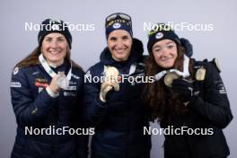 09.02.2024, Nove Mesto na Morave, Czechia (CZE): Justine Braisaz-Bouchet (FRA), Julia Simon (FRA), Lou Jeanmonnot (FRA), (l-r) - IBU World Championships Biathlon, medals, Nove Mesto na Morave (CZE). www.nordicfocus.com. © Manzoni/NordicFocus. Every downloaded picture is fee-liable.