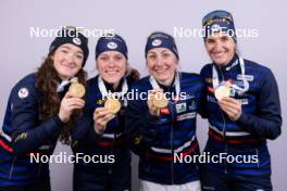 17.02.2024, Nove Mesto na Morave, Czechia (CZE): Lou Jeanmonnot (FRA), Sophie Chauveau (FRA), Justine Braisaz-Bouchet (FRA), Julia Simon (FRA), (l-r) - IBU World Championships Biathlon, medals, Nove Mesto na Morave (CZE). www.nordicfocus.com. © Manzoni/NordicFocus. Every downloaded picture is fee-liable.