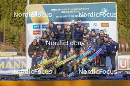 17.02.2024, Nove Mesto na Morave, Czechia (CZE): Justine Braisaz-Bouchet (FRA), Lou Jeanmonnot (FRA), Julia Simon (FRA), Sophie Chauveau (FRA), (l-r) - IBU World Championships Biathlon, medals, Nove Mesto na Morave (CZE). www.nordicfocus.com. © Thibaut/NordicFocus. Every downloaded picture is fee-liable.