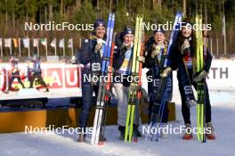 17.02.2024, Nove Mesto na Morave, Czechia (CZE): Julia Simon (FRA), Justine Braisaz-Bouchet (FRA), Sophie Chauveau (FRA), Lou Jeanmonnot (FRA), (l-r) - IBU World Championships Biathlon, medals, Nove Mesto na Morave (CZE). www.nordicfocus.com. © Thibaut/NordicFocus. Every downloaded picture is fee-liable.