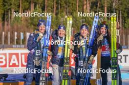 17.02.2024, Nove Mesto na Morave, Czechia (CZE): Lou Jeanmonnot (FRA), Sophie Chauveau (FRA), Justine Braisaz-Bouchet (FRA), Julia Simon (FRA), (l-r) - IBU World Championships Biathlon, medals, Nove Mesto na Morave (CZE). www.nordicfocus.com. © Thibaut/NordicFocus. Every downloaded picture is fee-liable.