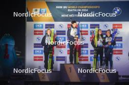 07.02.2024, Nove Mesto na Morave, Czechia (CZE): Justine Braisaz-Bouchet (FRA), Julia Simon (FRA), Lou Jeanmonnot (FRA), Sophie Chauveau (FRA), (l-r) - IBU World Championships Biathlon, medals, Nove Mesto na Morave (CZE). www.nordicfocus.com. © Thibaut/NordicFocus. Every downloaded picture is fee-liable.