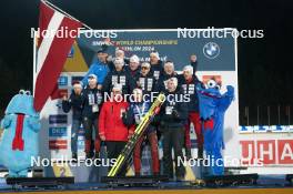18.02.2024, Nove Mesto na Morave, Czechia (CZE): France team and  Fabien Claude (FRA), Emilien Jacquelin (FRA), (l-r) - IBU World Championships Biathlon, medals, Nove Mesto na Morave (CZE). www.nordicfocus.com. © Thibaut/NordicFocus. Every downloaded picture is fee-liable.