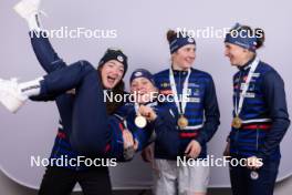 17.02.2024, Nove Mesto na Morave, Czechia (CZE): Lou Jeanmonnot (FRA), Sophie Chauveau (FRA), Justine Braisaz-Bouchet (FRA), Julia Simon (FRA), (l-r) - IBU World Championships Biathlon, medals, Nove Mesto na Morave (CZE). www.nordicfocus.com. © Manzoni/NordicFocus. Every downloaded picture is fee-liable.