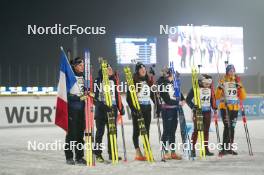 07.02.2024, Nove Mesto na Morave, Czechia (CZE): Julia Simon (FRA), Justine Braisaz-Bouchet (FRA), Lou Jeanmonnot (FRA), Sophie Chauveau (FRA), Baiba Bendika (LAT), Franziska Preuss (GER), (l-r) - IBU World Championships Biathlon, medals, Nove Mesto na Morave (CZE). www.nordicfocus.com. © Thibaut/NordicFocus. Every downloaded picture is fee-liable.