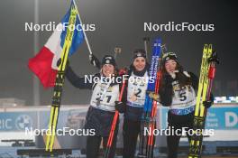 07.02.2024, Nove Mesto na Morave, Czechia (CZE): Justine Braisaz-Bouchet (FRA), Julia Simon (FRA), Lou Jeanmonnot (FRA), (l-r) - IBU World Championships Biathlon, medals, Nove Mesto na Morave (CZE). www.nordicfocus.com. © Thibaut/NordicFocus. Every downloaded picture is fee-liable.