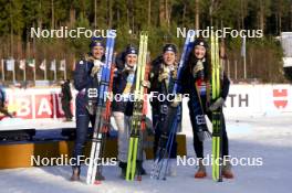 17.02.2024, Nove Mesto na Morave, Czechia (CZE): Julia Simon (FRA), Justine Braisaz-Bouchet (FRA), Sophie Chauveau (FRA), Lou Jeanmonnot (FRA), (l-r) - IBU World Championships Biathlon, medals, Nove Mesto na Morave (CZE). www.nordicfocus.com. © Thibaut/NordicFocus. Every downloaded picture is fee-liable.