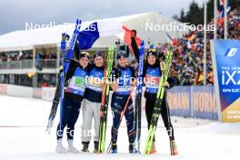 17.02.2024, Nove Mesto na Morave, Czechia (CZE): Sophie Chauveau (FRA), Justine Braisaz-Bouchet (FRA), Julia Simon (FRA), Lou Jeanmonnot (FRA), (l-r) - IBU World Championships Biathlon, relay women, Nove Mesto na Morave (CZE). www.nordicfocus.com. © Manzoni/NordicFocus. Every downloaded picture is fee-liable.