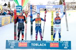 01.01.2024, Toblach, Italy (ITA): Victoria Carl (GER), Jessie Diggins (USA), Linn Svahn (SWE), (l-r)  - FIS world cup cross-country, tour de ski, pursuit, Toblach (ITA). www.nordicfocus.com. © Modica/NordicFocus. Every downloaded picture is fee-liable.
