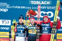 01.01.2024, Toblach, Italy (ITA): Erik Valnes (NOR), Harald Oestberg Amundsen (NOR), Jan Thomas Jenssen (NOR), (l-r) - FIS world cup cross-country, tour de ski, pursuit, Toblach (ITA). www.nordicfocus.com. © Modica/NordicFocus. Every downloaded picture is fee-liable.