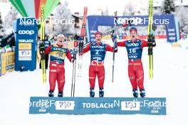 01.01.2024, Toblach, Italy (ITA): Erik Valnes (NOR), Harald Oestberg Amundsen (NOR), Jan Thomas Jenssen (NOR), (l-r)  - FIS world cup cross-country, tour de ski, pursuit, Toblach (ITA). www.nordicfocus.com. © Modica/NordicFocus. Every downloaded picture is fee-liable.