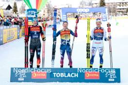 01.01.2024, Toblach, Italy (ITA): Victoria Carl (GER), Jessie Diggins (USA), Linn Svahn (SWE), (l-r)  - FIS world cup cross-country, tour de ski, pursuit, Toblach (ITA). www.nordicfocus.com. © Modica/NordicFocus. Every downloaded picture is fee-liable.