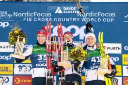 04.01.2024, Davos, Switzerland (SUI): Henrik Doennestad (NOR), Harald Oestberg Amundsen (NOR), Martin Loewstroem Nyenget (NOR), (l-r)  - FIS world cup cross-country, tour de ski, pursuit, Davos (SUI). www.nordicfocus.com. © Modica/NordicFocus. Every downloaded picture is fee-liable.