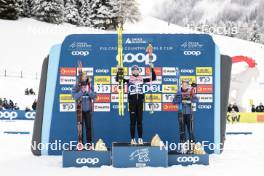 04.01.2024, Davos, Switzerland (SUI): Rosie Brennan (USA), Kerttu Niskanen (FIN), Jessie Diggins (USA), (l-r) - FIS world cup cross-country, tour de ski, pursuit, Davos (SUI). www.nordicfocus.com. © Modica/NordicFocus. Every downloaded picture is fee-liable.