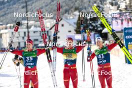 04.01.2024, Davos, Switzerland (SUI): Henrik Doennestad (NOR), Harald Oestberg Amundsen (NOR), Martin Loewstroem Nyenget (NOR), (l-r)  - FIS world cup cross-country, tour de ski, pursuit, Davos (SUI). www.nordicfocus.com. © Modica/NordicFocus. Every downloaded picture is fee-liable.