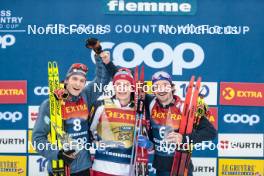 07.01.2024, Val di Fiemme, Italy (ITA): Friedrich Moch (GER), Harald Oestberg Amundsen (NOR), Hugo Lapalus (FRA), (l-r) - FIS world cup cross-country, tour de ski, final climb, Val di Fiemme (ITA). www.nordicfocus.com. © Modica/NordicFocus. Every downloaded picture is fee-liable.