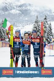 07.01.2024, Val di Fiemme, Italy (ITA): Friedrich Moch (GER), Jules Lapierre (FRA), Hugo Lapalus (FRA), (l-r) - FIS world cup cross-country, tour de ski, final climb, Val di Fiemme (ITA). www.nordicfocus.com. © Modica/NordicFocus. Every downloaded picture is fee-liable.