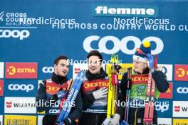 07.01.2024, Val di Fiemme, Italy (ITA): Jules Chappaz (FRA), Lucas Chanavat (FRA), Edvin Anger (SWE), (l-r) - FIS world cup cross-country, tour de ski, final climb, Val di Fiemme (ITA). www.nordicfocus.com. © Modica/NordicFocus. Every downloaded picture is fee-liable.