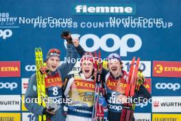 07.01.2024, Val di Fiemme, Italy (ITA): Friedrich Moch (GER), Harald Oestberg Amundsen (NOR), Hugo Lapalus (FRA), (l-r) - FIS world cup cross-country, tour de ski, final climb, Val di Fiemme (ITA). www.nordicfocus.com. © Modica/NordicFocus. Every downloaded picture is fee-liable.