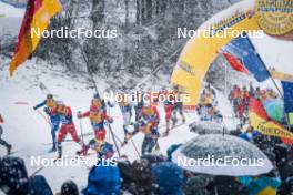 06.01.2024, Val di Fiemme, Italy (ITA): Paal Golberg (NOR), Henrik Doennestad (NOR), Calle Halfvarsson (SWE), Martin Loewstroem Nyenget (NOR), Hugo Lapalus (FRA), Matz William Jenssen (NOR), (l-r)  - FIS world cup cross-country, tour de ski, mass, Val di Fiemme (ITA). www.nordicfocus.com. © Barbieri/NordicFocus. Every downloaded picture is fee-liable.