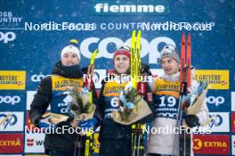 06.01.2024, Val di Fiemme, Italy (ITA): William Poromaa (SWE), Erik Valnes (NOR), Cyril Faehndrich (SUI), (l-r) - FIS world cup cross-country, tour de ski, mass, Val di Fiemme (ITA). www.nordicfocus.com. © Modica/NordicFocus. Every downloaded picture is fee-liable.