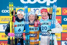 28.01.2024, Goms, Switzerland (SUI): Frida Karlsson (SWE), Jessie Diggins (USA), Nadine Faehndrich (SUI), (l-r)  - FIS world cup cross-country, mass, Goms (SUI). www.nordicfocus.com. © Modica/NordicFocus. Every downloaded picture is fee-liable.