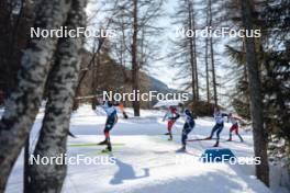 28.01.2024, Goms, Switzerland (SUI): Friedrich Moch (GER), Martin Loewstroem Nyenget (NOR), Paolo Ventura (ITA), Hugo Lapalus (FRA), (l-r)  - FIS world cup cross-country, mass, Goms (SUI). www.nordicfocus.com. © Modica/NordicFocus. Every downloaded picture is fee-liable.