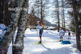28.01.2024, Goms, Switzerland (SUI): Florian Notz (GER), Gustaf Berglund (SWE), Antoine Cyr (CAN), (l-r)  - FIS world cup cross-country, mass, Goms (SUI). www.nordicfocus.com. © Modica/NordicFocus. Every downloaded picture is fee-liable.