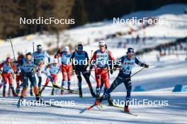 28.01.2024, Goms, Switzerland (SUI): Andrew Musgrave (GBR), Johannes Hoesflot Klaebo (NOR), Hugo Lapalus (FRA), (l-r)  - FIS world cup cross-country, mass, Goms (SUI). www.nordicfocus.com. © Modica/NordicFocus. Every downloaded picture is fee-liable.