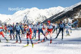 28.01.2024, Goms, Switzerland (SUI): Ben Ogden (USA), Elia Barp (ITA), Markus Vuorela (FIN), Scott Patterson (USA), Simone Dapra (ITA), Bjoern Sandstroem (SWE), (l-r)  - FIS world cup cross-country, mass, Goms (SUI). www.nordicfocus.com. © Modica/NordicFocus. Every downloaded picture is fee-liable.