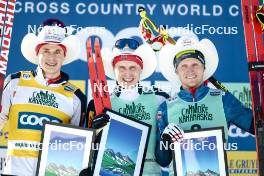 09.02.2024, Canmore, Canada (CAN): Harald Oestberg Amundsen (NOR), Simen Hegstad Krueger (NOR), Mika Vermeulen (AUT), (l-r) - FIS world cup cross-country, 15km mass, Canmore (CAN). www.nordicfocus.com. © Modica/NordicFocus. Every downloaded picture is fee-liable.