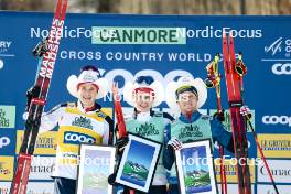 09.02.2024, Canmore, Canada (CAN): Harald Oestberg Amundsen (NOR), Simen Hegstad Krueger (NOR), Mika Vermeulen (AUT), (l-r) - FIS world cup cross-country, 15km mass, Canmore (CAN). www.nordicfocus.com. © Modica/NordicFocus. Every downloaded picture is fee-liable.