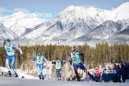 10.02.2024, Canmore, Canada (CAN): Niilo Moilanen (FIN), Lauri Vuorinen (FIN), Gus Schumacher (USA), (l-r)  - FIS world cup cross-country, individual sprint, Canmore (CAN). www.nordicfocus.com. © Modica/NordicFocus. Every downloaded picture is fee-liable.