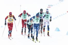 13.02.2024, Canmore, Canada (CAN): Harald Oestberg Amundsen (NOR), Jules Chappaz (FRA), Lauri Vuorinen (FIN), Calle Halfvarsson (SWE), (l-r)  - FIS world cup cross-country, individual sprint, Canmore (CAN). www.nordicfocus.com. © Modica/NordicFocus. Every downloaded picture is fee-liable.