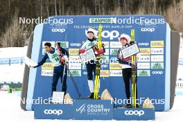 13.02.2024, Canmore, Canada (CAN): Richard Jouve (FRA), Johannes Hoesflot Klaebo (NOR), Erik Valnes (NOR), (l-r) - FIS world cup cross-country, individual sprint, Canmore (CAN). www.nordicfocus.com. © Modica/NordicFocus. Every downloaded picture is fee-liable.