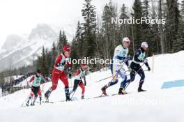 13.02.2024, Canmore, Canada (CAN): Xavier Mckeever (CAN), Mattis Stenshagen (NOR), Pierre Grall-Johnson (CAN), Marcus Grate (SWE), Lucas Chanavat (FRA), (l-r)  - FIS world cup cross-country, individual sprint, Canmore (CAN). www.nordicfocus.com. © Modica/NordicFocus. Every downloaded picture is fee-liable.