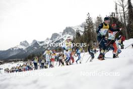 11.02.2024, Canmore, Canada (CAN): Francesco De Fabiani (ITA), Johan Haeggstroem (SWE), Cyril Faehndrich (SUI), Florian Notz (GER), Gustaf Berglund (SWE), Gus Schumacher (USA), Remi Lindholm (FIN), (l-r)  - FIS world cup cross-country, mass, Canmore (CAN). www.nordicfocus.com. © Modica/NordicFocus. Every downloaded picture is fee-liable.