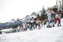 11.02.2024, Canmore, Canada (CAN): Gustaf Berglund (SWE), Elia Barp (ITA), Antoine Cyr (CAN), Jules Lapierre (FRA), Jens Burman (SWE), Calle Halfvarsson (SWE), Perttu Hyvarinen (FIN), Didrik Toenseth (NOR), (l-r)  - FIS world cup cross-country, mass, Canmore (CAN). www.nordicfocus.com. © Modica/NordicFocus. Every downloaded picture is fee-liable.