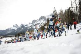11.02.2024, Canmore, Canada (CAN): Johan Haeggstroem (SWE), Cyril Faehndrich (SUI), Gustaf Berglund (SWE), Gus Schumacher (USA), Mattis Stenshagen (NOR), Remi Lindholm (FIN), Elia Barp (ITA), Antoine Cyr (CAN), Jens Burman (SWE), (l-r)  - FIS world cup cross-country, mass, Canmore (CAN). www.nordicfocus.com. © Modica/NordicFocus. Every downloaded picture is fee-liable.