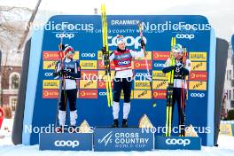 12.03.2024, Drammen, Norway (NOR): Haavard Solaas Taugboel (NOR), Johannes Hoesflot Klaebo (NOR), Even Northug (NOR), (l-r) - FIS world cup cross-country, individual sprint, Drammen (NOR). www.nordicfocus.com. © Modica/NordicFocus. Every downloaded picture is fee-liable.