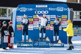 15.03.2024, Falun, Sweden (SWE): Erik Valnes (NOR), Johannes Hoesflot Klaebo (NOR), Harald Oestberg Amundsen (NOR), Erik Valnes (NOR), (l-r)  - FIS world cup cross-country, cups, Falun (SWE). www.nordicfocus.com. © Modica/NordicFocus. Every downloaded picture is fee-liable.