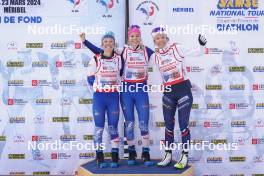23.03.2024, Meribel, France (FRA): Lina Levet (FRA), BONVIN Favre (FRA), Julie Pierrel (FRA), (l-r)  - French Championships cross-country, relay, Meribel (FRA). www.nordicfocus.com. © Thibaut/NordicFocus. Every downloaded picture is fee-liable.
