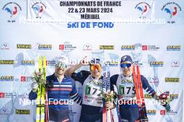 22.03.2024, Meribel, France (FRA): Lucas Chanavat (FRA), Jules Chappaz (FRA), Remi Bourdin (FRA), (l-r) - French Championships cross-country, sprint, Meribel (FRA). www.nordicfocus.com. © Thibaut/NordicFocus. Every downloaded picture is fee-liable.