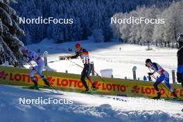 13.01.2024, Oberstdorf, Germany (GER): Jens Luraas Oftebro (NOR), Terence Weber (GER), Kristjan Ilves (EST), (l-r)  - FIS world cup nordic combined men, individual gundersen HS106/10km, Oberstdorf (GER). www.nordicfocus.com. © Volk/NordicFocus. Every downloaded picture is fee-liable.