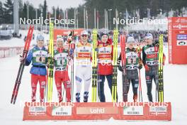 02.03.2024, Lahti, Finland (FIN): Stefan Rettenegger (AUT), Johannes Lamparter (AUT), Joergen Graabak (NOR), Jens Luraas Oftebro (NOR), Manuel Faisst (GER), Vinzenz Geiger (GER), (l-r) - FIS world cup nordic combined men, team sprint HS130/2x7.5km, Lahti (FIN). www.nordicfocus.com. © Thibaut/NordicFocus. Every downloaded picture is fee-liable.