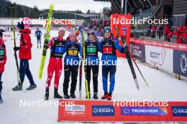 16.03.2024, Trondheim, Norway (NOR): Johannes Lamparter (AUT), Annalena Slamik (AUT), Lisa Hirner (AUT), Stefan Rettenegger (AUT), (l-r)  - FIS world cup nordic combined men, mixed team HS100/4x5km, Trondheim (NOR). www.nordicfocus.com. © Thibaut/NordicFocus. Every downloaded picture is fee-liable.