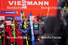 16.03.2024, Trondheim, Norway (NOR): Manuel Faisst (GER), Nathalie Armbruster (GER), Jenny Nowak (GER), Johannes Rydzek (GER), (l-r) - FIS world cup nordic combined men, mixed team HS100/4x5km, Trondheim (NOR). www.nordicfocus.com. © Thibaut/NordicFocus. Every downloaded picture is fee-liable.