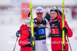 16.03.2024, Trondheim, Norway (NOR): Gyda Westvold Hansen (NOR), Joergen Graabak (NOR), Jens Luraas Oftebro (NOR), (l-r)  - FIS world cup nordic combined men, mixed team HS100/4x5km, Trondheim (NOR). www.nordicfocus.com. © Thibaut/NordicFocus. Every downloaded picture is fee-liable.