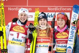 02.02.2024, Seefeld, Austria (AUT): Mari Leinan Lund (NOR), Ida Marie Hagen (NOR), Nathalie Armbruster (GER), (l-r) - FIS world cup nordic combined women, individual gundersen HS109/5km, Seefeld (AUT). www.nordicfocus.com. © Modica/NordicFocus. Every downloaded picture is fee-liable.